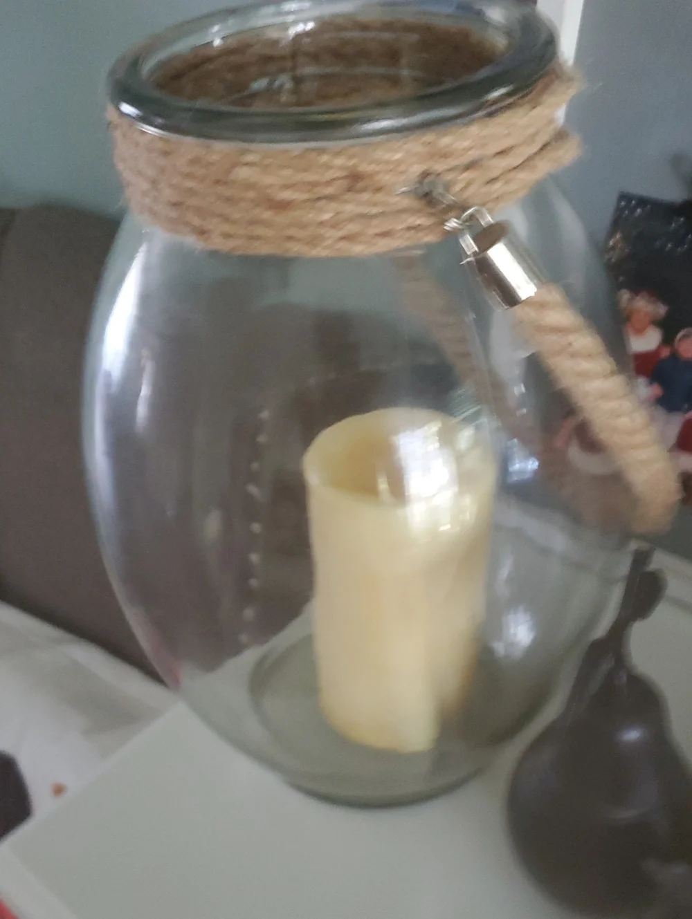 Glass Jar Lantern with Beige Rope Handle and Candle Never Used